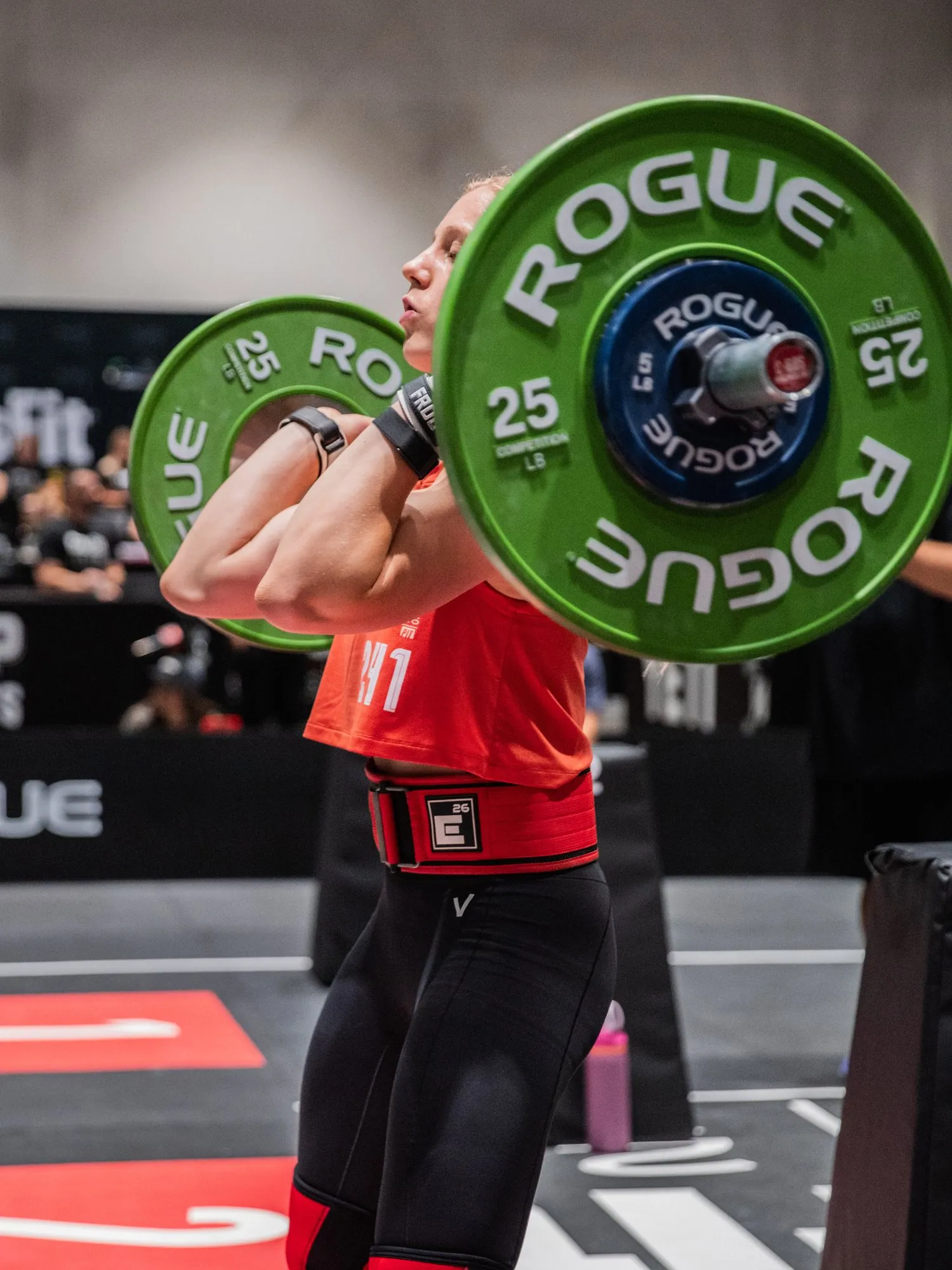 Lucy holding the barbell in the front rack during The Alameda, Teen Games 2026